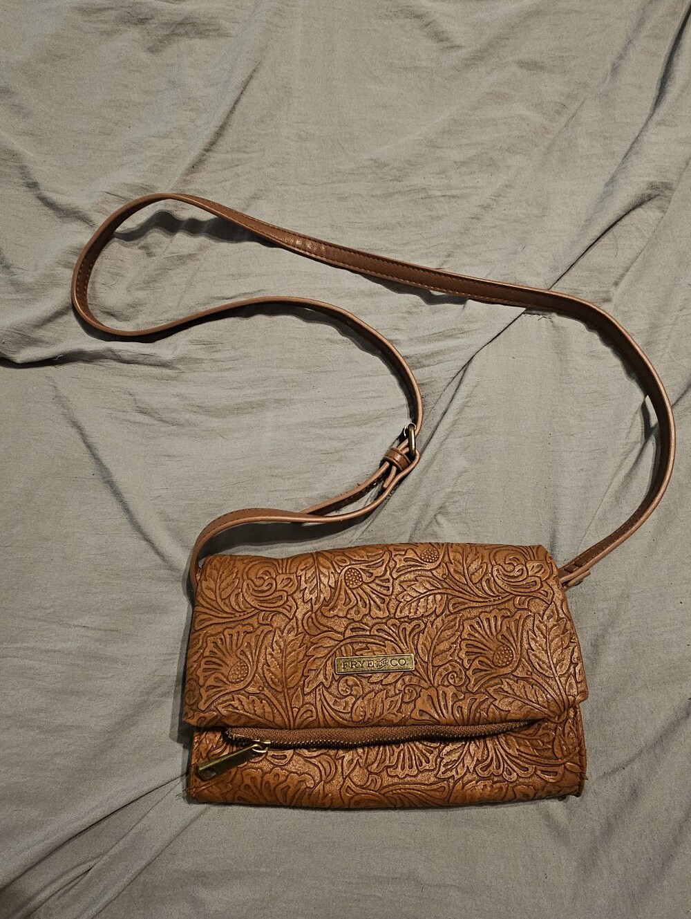 FRYE AND CO. Tooled Floral Leather Crossbody in Tan